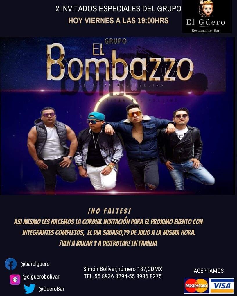GueroBar's tweet photo. Hoy tendremos 2 invitados de lujo del grupo el bombazo 
Así mismo les hacemos la cordial invitación para el evento del próximo sábado 19 de junio a las 19 hrs en el guero para que vengan a bailar y disfrutar en familia 🤩🥳
NO COVER* https://t.co/dMMiC1VtTg