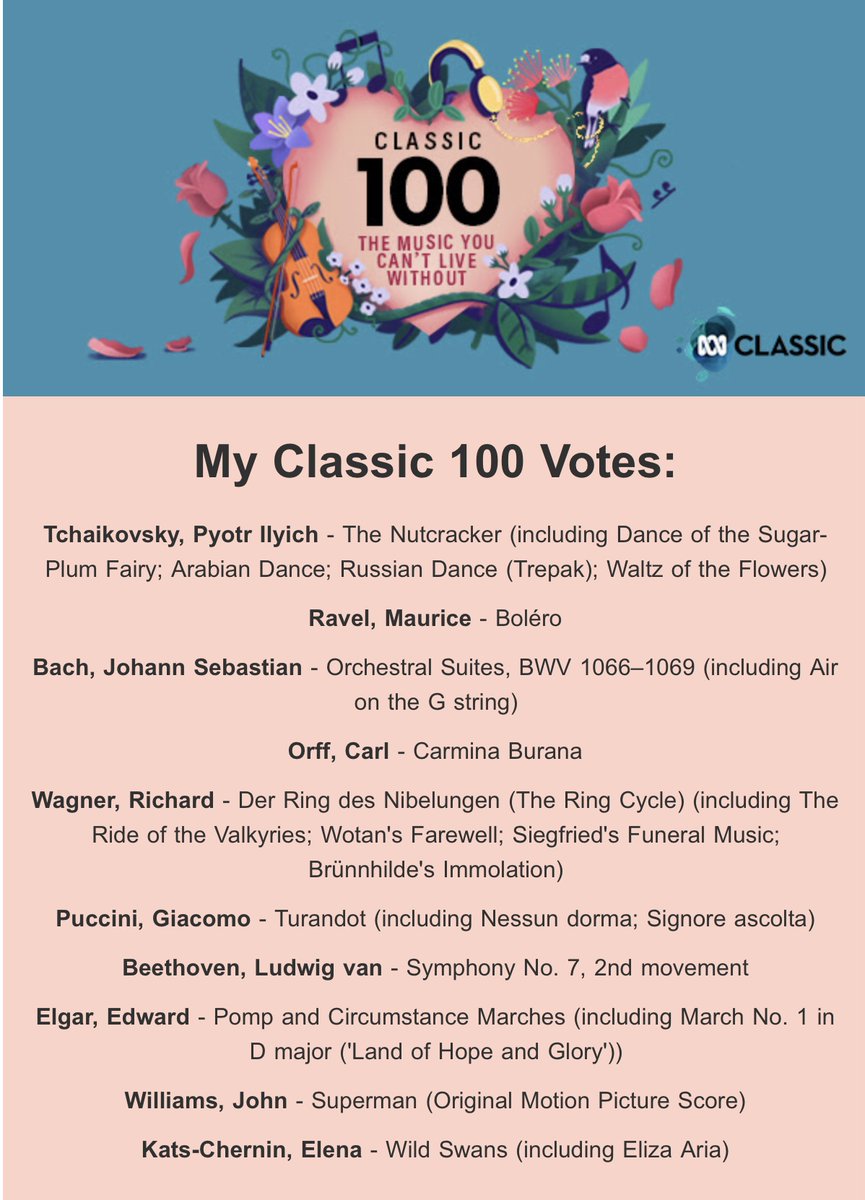 Luminescence's tweet photo. @ABCClassic Listening to the ABC’s Classic 100. Here are my votes 😊💕 https://t.co/97rEUjl2cN