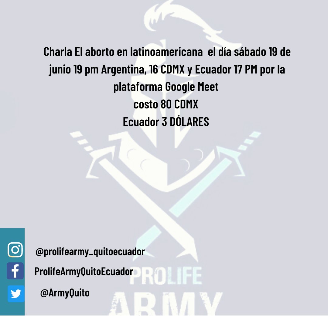 ArmyEcuador12's tweet photo. Tema: 
 El  Aborto en Latinoamérica Impartido por la señorita Abogada Provida Ana Belén Marmora de Argentina. 🇦🇷🇪🇨🇲🇽

Hora de ingreso :
19PM ARGENTINA
17PM ECUADOR
16PM MÉXICO
Costo 80 pesos CDMX/ECUADOR 3 Dolares 
@AnaBelenMarmora @QuitenosP https://t.co/TdAWIgAiWr
