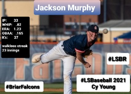 I couldn't disappoint & all season, neither could #BriarWoods Senior @JMurphy2021. He's your #LSBR #LSBaseball Cy Young of 2021. The quality & consistency against frontline teams & pitchers was unmatched. In the big arm era, Murph showed #pitchingmatters & #strikesmatter.