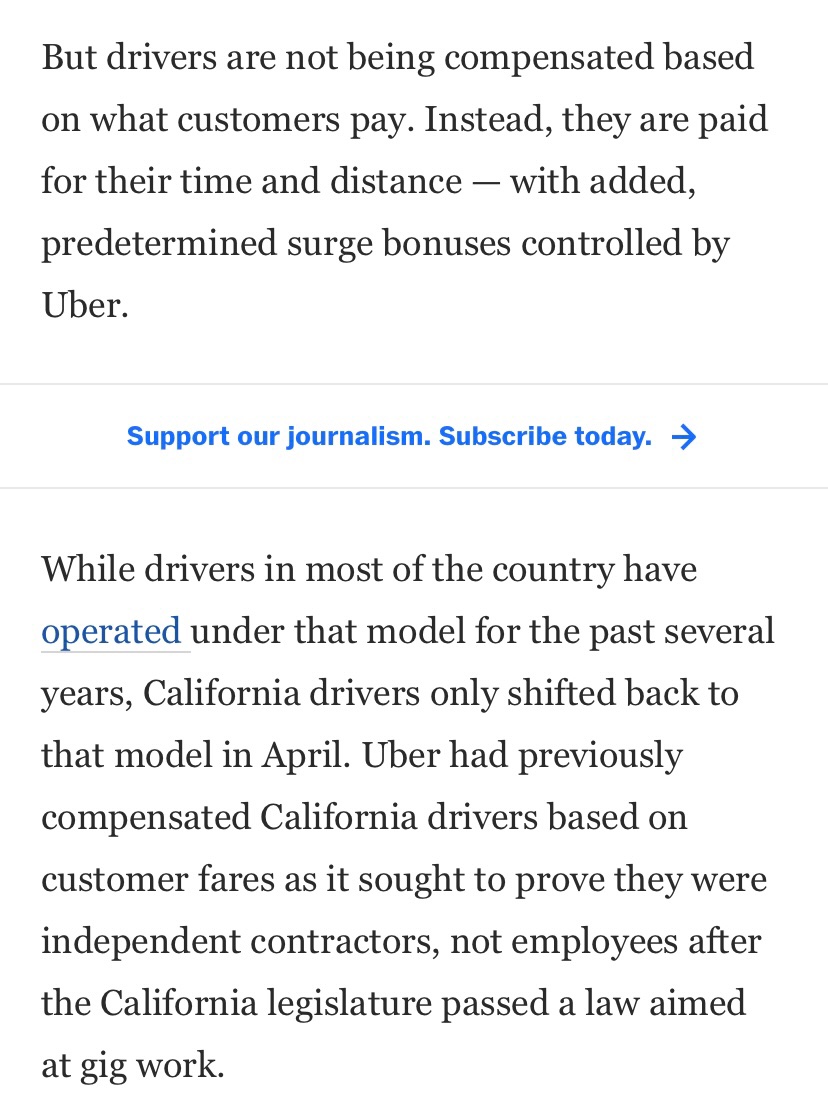 This is a measured response from Dara — and he’s right that Uber didn’t share this data with us. Our reporting, however, is correct. Drivers are not receiving their cut of the fare hike — because they are not paid based on actual fares. Here’s how it works washingtonpost.com/technology/202…