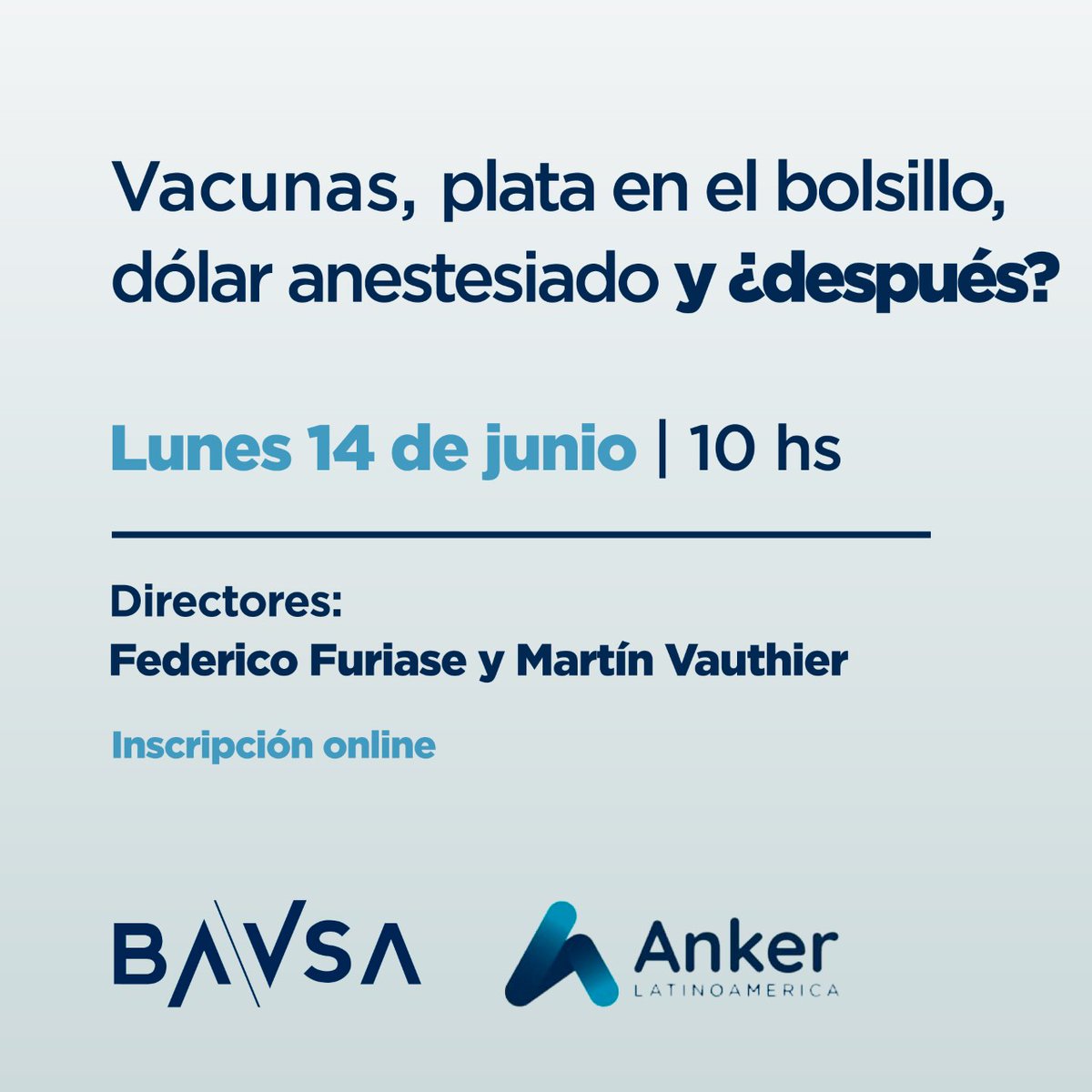 BAVSA (@bavsa) on Twitter photo El próximo lunes a las 10hs, vamos a estar junto a los directores de la consultora "Anker Latinoamérica", <a href="/FedericoFuriase/">Federico Furiase</a> y <a href="/VauthierMartin/">Martín Vauthier</a> , en call conference conversando sobre macroeconomía y mercado.
Link de inscripción👉
us02web.zoom.us/meeting/regist… El próximo lunes a las 10hs, vamos a estar junto a los directores de la consultora "Anker Latinoamérica", <a href="/FedericoFuriase/">Federico Furiase</a> y <a href="/VauthierMartin/">Martín Vauthier</a> , en call conference conversando sobre macroeconomía y mercado.
Link de inscripción👉
us02web.zoom.us/meeting/regist…