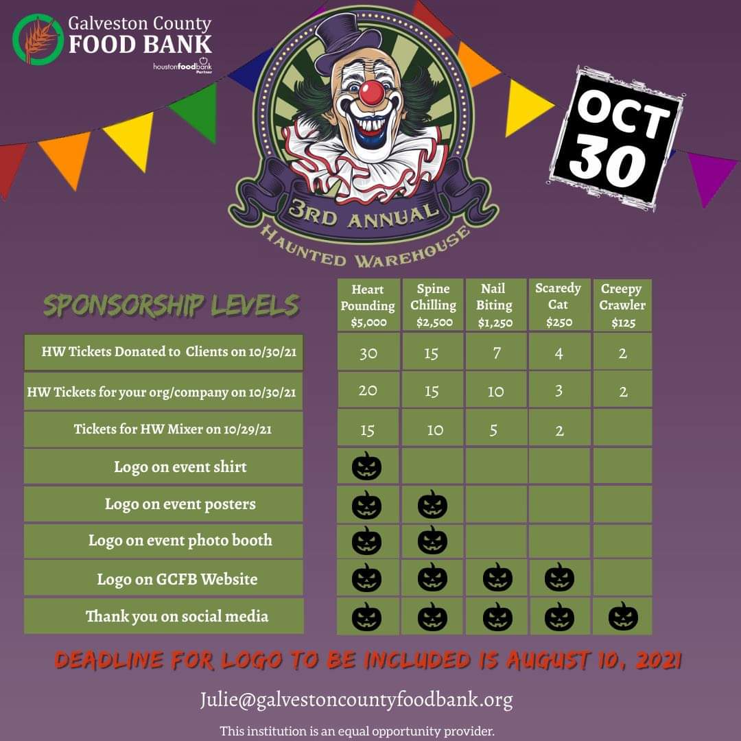 GalCoFoodBank's tweet photo. Now accepting sponsors for the most SPOOKTACULAR event of the year!! Back by popular demand, the 3rd Annual Haunted Warehouse fundraising event will be on Saturday, Oct. 30th 5pm - 10pm. https://t.co/y6ZXu59PSl.
#GCFB #HauntedWarehouse #fundraising #communitysupport #endhunger https://t.co/FmVOLc95Sw
