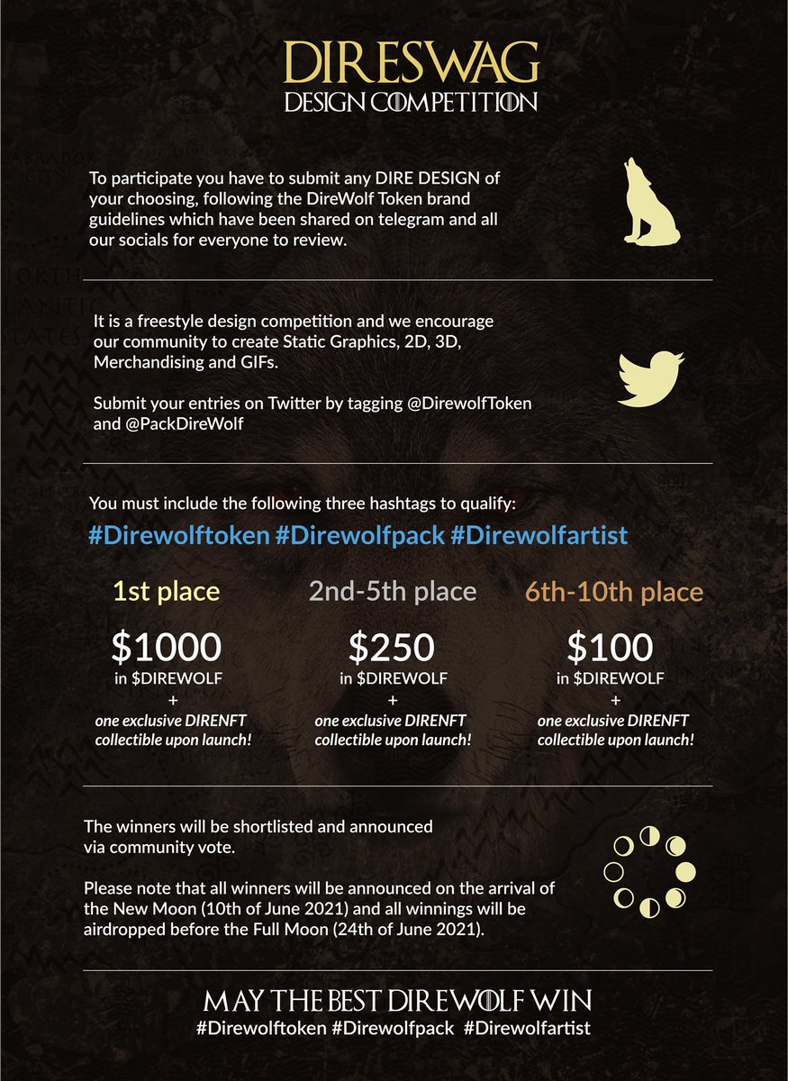 direwolftoken's tweet photo. #Direwolf Pack: our merch design contest has extended til June 17! Our winner will get $1000 worth of our #direwolftoken prize pool! #direwolfartist #direwolfpack https://t.co/z4w8sg9Ppt