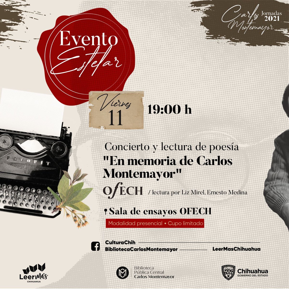 GobiernoEdoChih's tweet photo. #Hoy en las #JornadasCarlosMontemayor 📖 no te pierdas nuestro concierto homenaje 🎶, recuerda que el cupo es limitado, adquiere tu boleto de control gratuito en: https://t.co/2pR3gQsX3r 📱
#OFECH #SomosCultura https://t.co/MwZnLBosKC