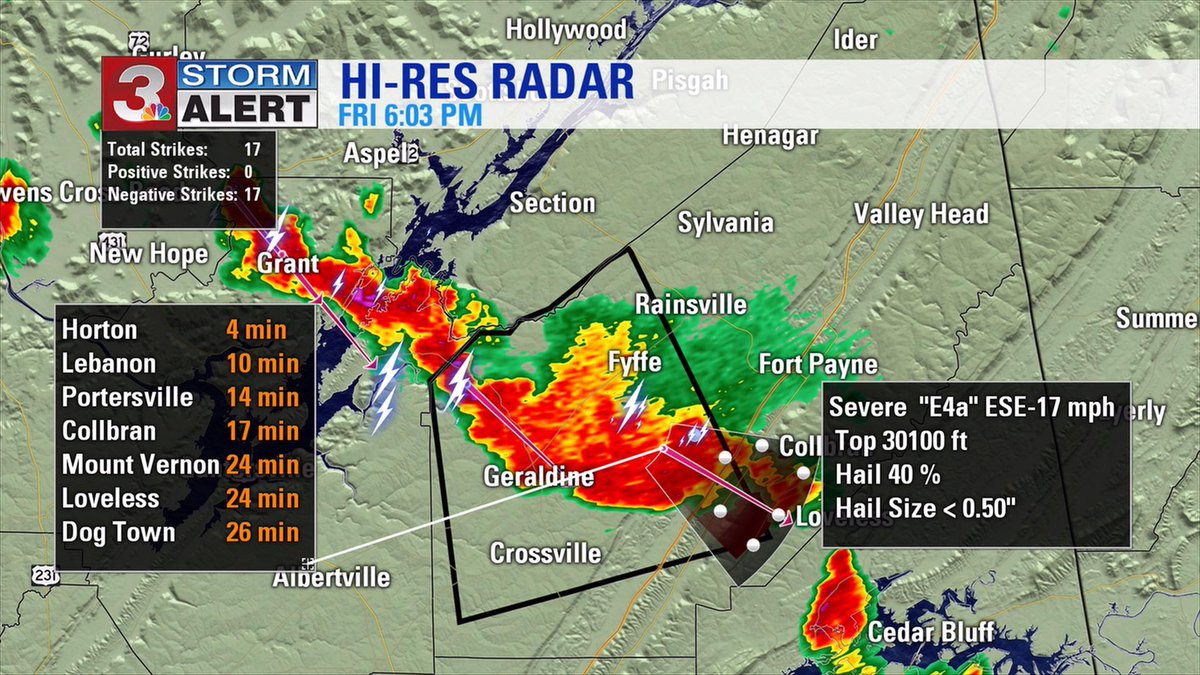 A Severe Storm Warning is in effect for Western DeKalb county in NE AL until 5:15 pm CDT.  Winds to 50 and pea size hail will be possible!  Paul Barys