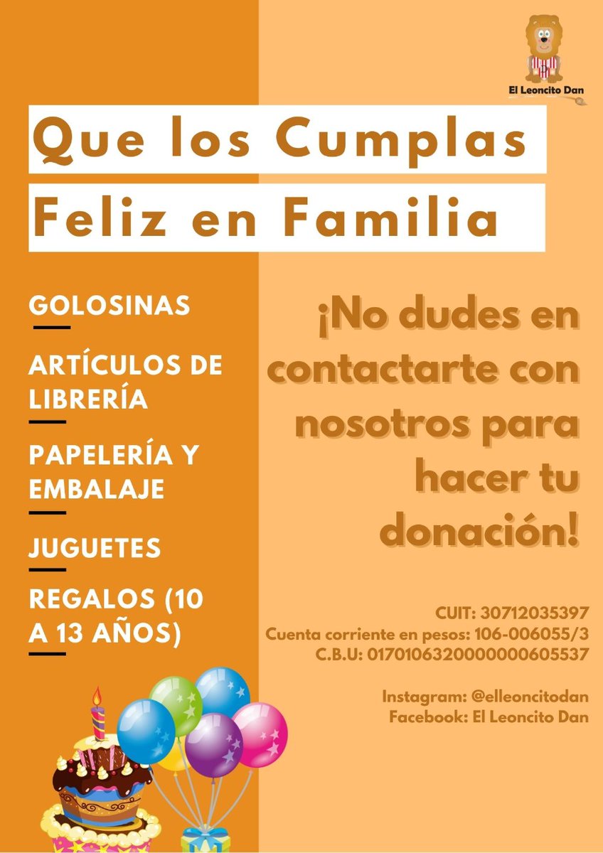 Con mucha ilusión y con nuestra misión de seguir DANdo 💫 Se viene otro #Queloscumplasfelizenfamilia
Necesitamos de tu colaboración para poder llevar adelante esta movida.
Podés donar:
🔸 Artículos de librería
🔸 Juguetes y regalos
🔸 Golosinas: turrones caramelos, 
Gracias
❤️✨