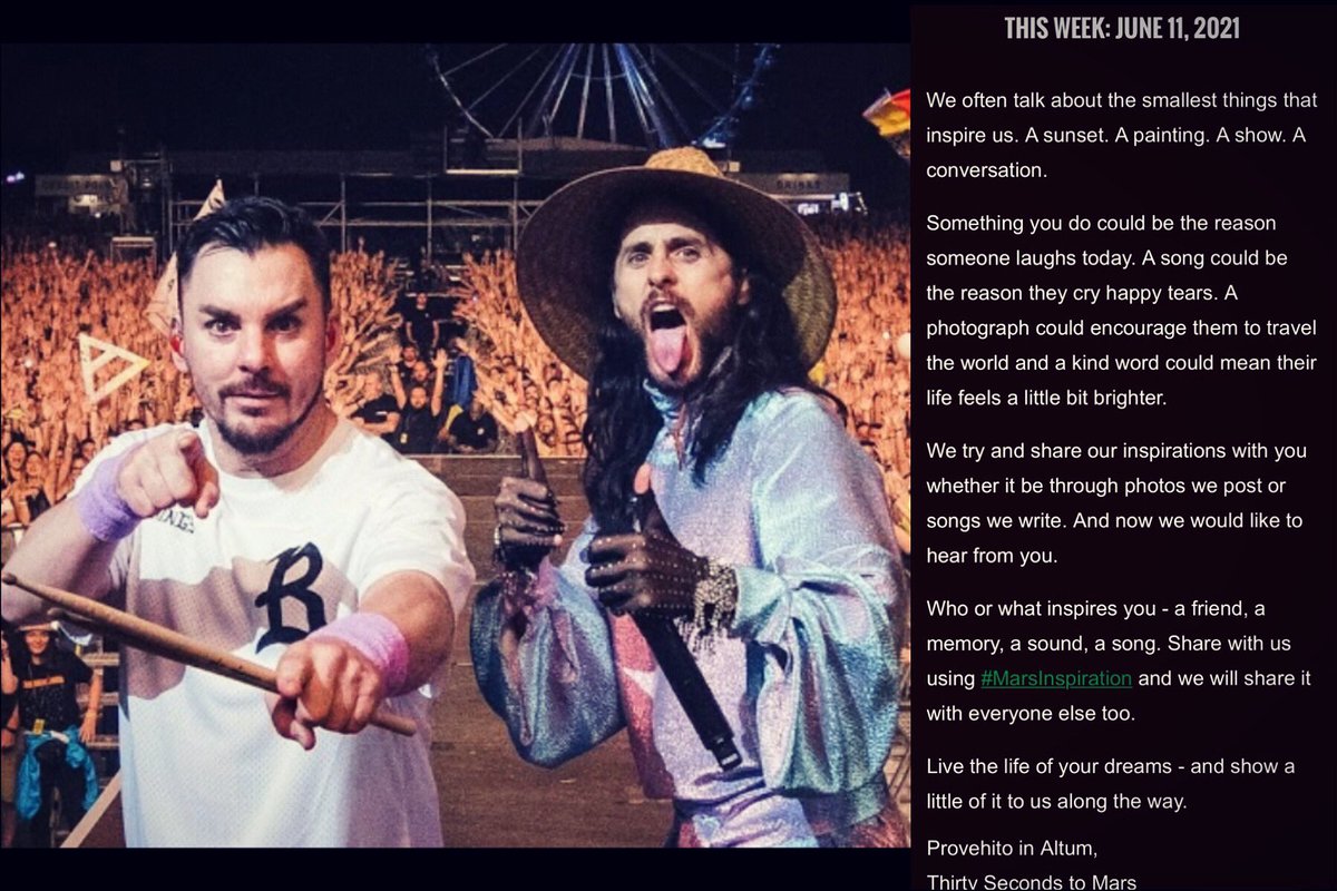 30STMandmore's tweet photo. ICYMI from the @30SECONDSTOMARS Transmission Newsletter - share who or what inspires you using #MarsInspiration โจ
.
Donโt forget to subscribe to the weekly Transmission newsletter!
.
#jaredleto #shannonleto #30secondstomars https://t.co/DJVU1LQ7eO