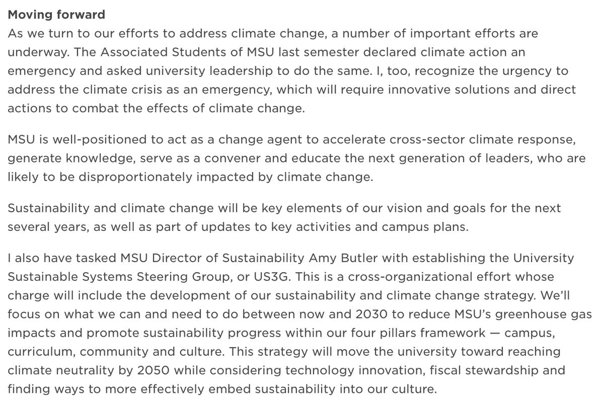 ReclaimMSU's tweet image. On June 4, Pres. Stanley finally made a statement to say that "I, too, recognize the urgency to address the climate crisis as an emergency..." president.msu.edu/communications…

And with true urgency and leadership, he announced that MSU will establish a steering group.

We demand better.