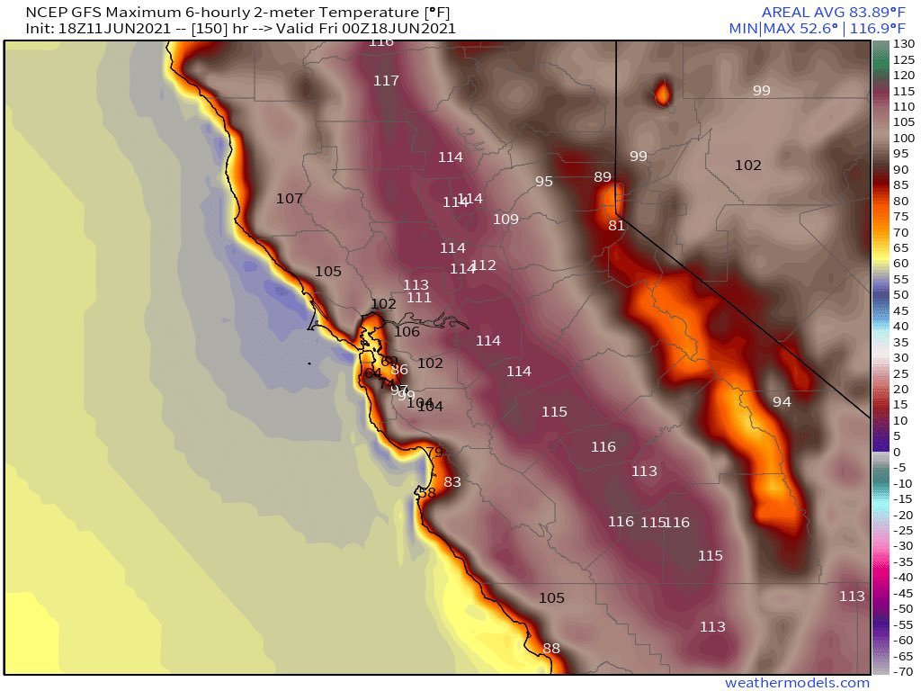 CAStormLover's tweet photo. It’s been awhile since models agreed so closely with each other on such a excessive heatwave. Widespread 110+ expected in the Central Valley and coastal valleys on both models. #CAwx #WxTwitter #ExcessiveHeatwave #Heatwave https://t.co/bd1s0MotXm