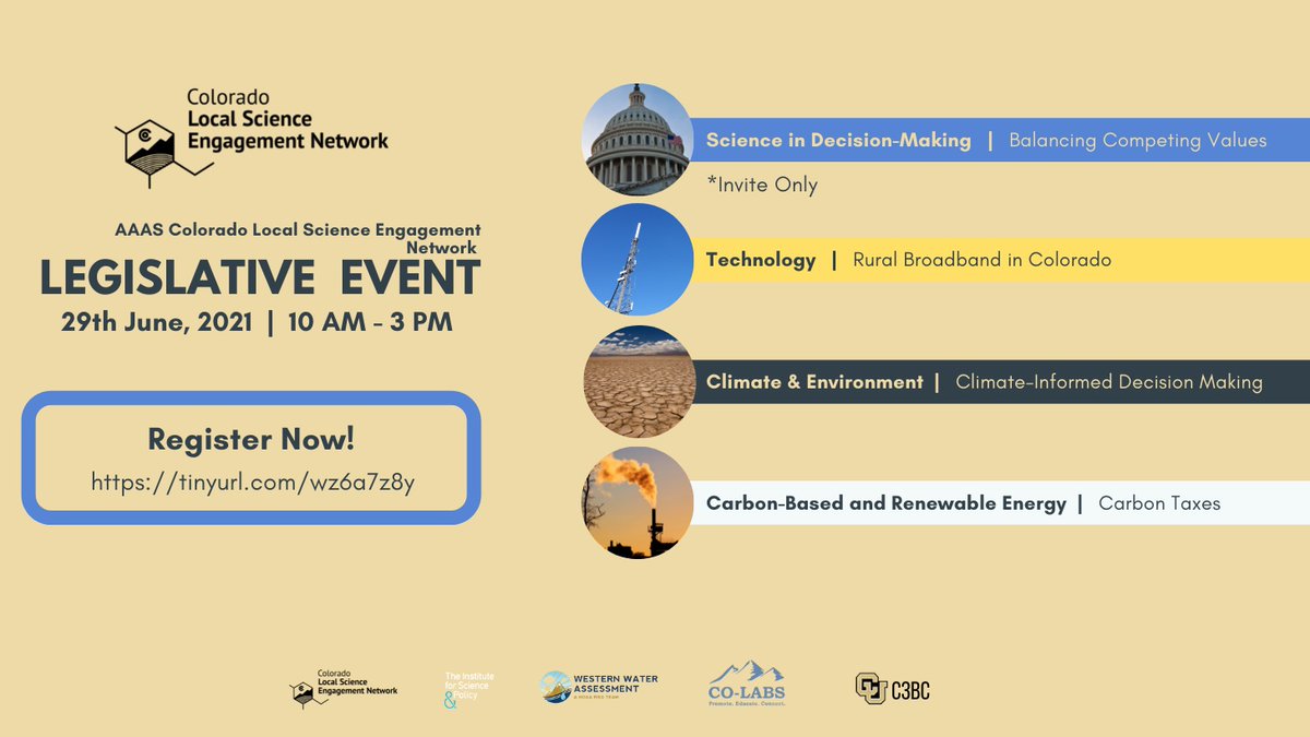 COScienceNet's tweet image. Join us in welcoming scientists and decision-makers throughout our state for three conversations focused on rural broadband in Colorado, climate-informed decision-making, and carbon markets!
Register now! cuboulder.zoom.us/meeting/regist…
@InstituteSciPol @wradv @ColoradoCOLABS @CIRESnews