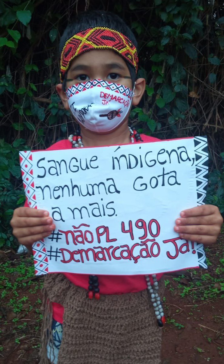 parents4futureG's tweet photo. The little warrior Guarani Nhandewa, from the Tekoa Ywy Porã, and the entire indigenous movement are mobilized against Bill 490 that could put an end to the demarcation of Indigenous Lands. 
#nãoPL490
#notasingledropmore
#EmergênciaIndígena https://t.co/9SIZ8NcVEt