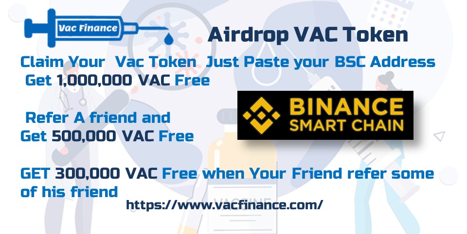 #Airdrop #Bounty #CryptoDropz  <a href="/CryptoDropz1/">CRYPTO DROPZ</a>
🔴New VAC Finance (Instant Airdrop)  AIRDROP
Reward  1000000 VAC   /Ref:  500000 VAC
CLAIM LINK:  vacfinance.com/airdrop.php?re…
Submit Your BSC Wallet Address, Airdrop End  SOON
Already Listed on Pancakeswap  tinyurl.com/hr3wwhs