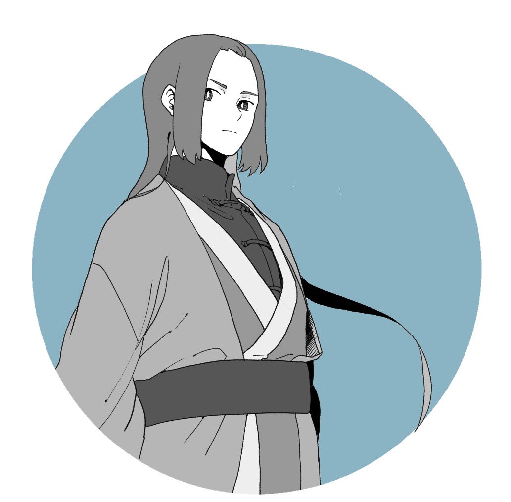 1boy solo long hair circle male focus upper body monochrome  illustration images