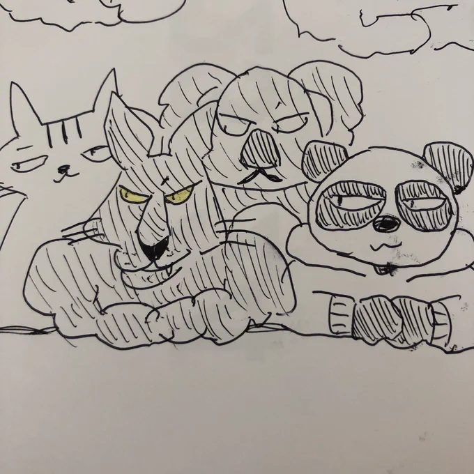 かわいい動物のお友達のラフを描いてる。目つきが悪い 