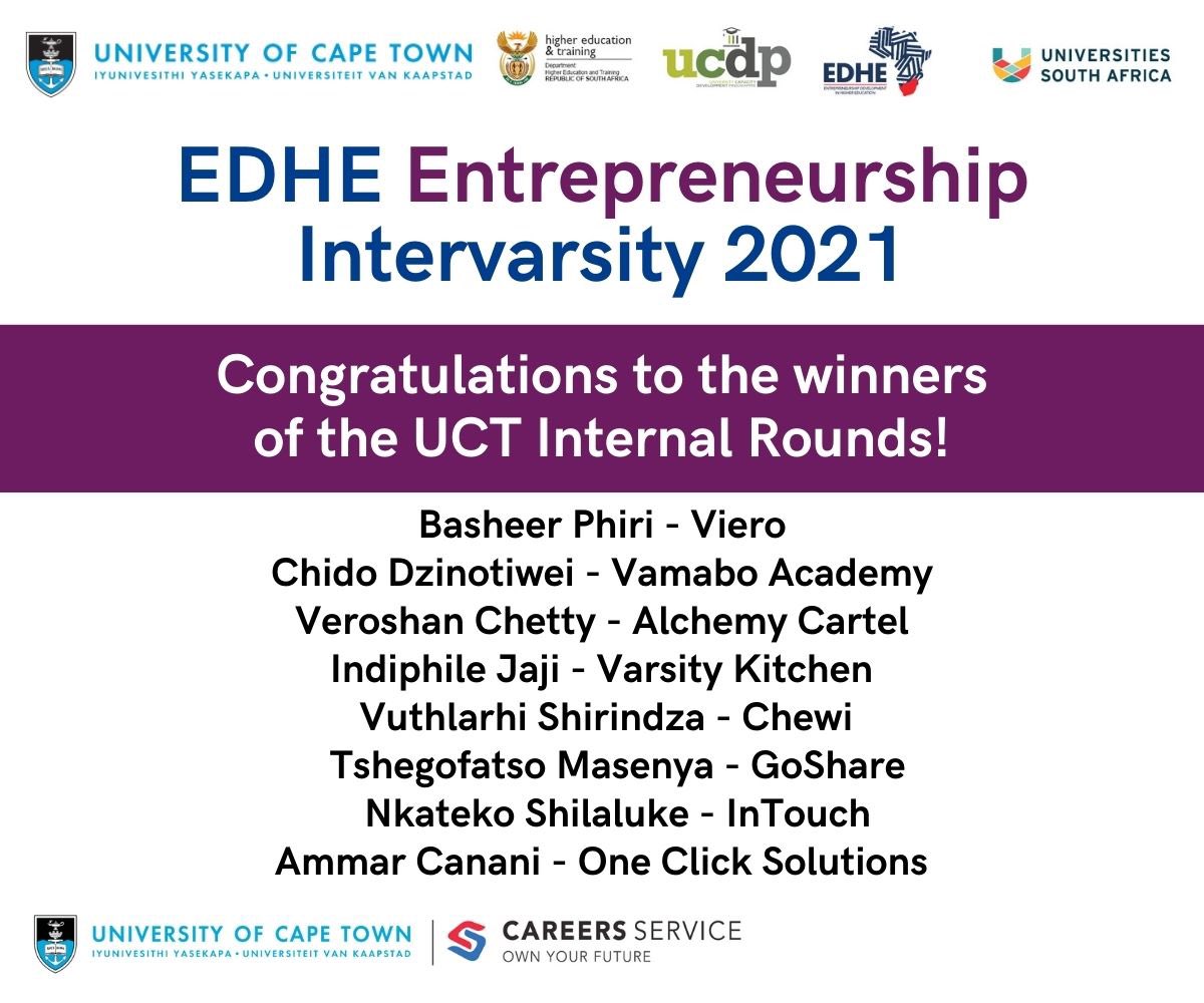 Congratulations to the winners of the UCT student entrepreneurship internal rounds! I look forward to seeing you pitch at the provincial competition! Welldone! 👏🏽👏🏽👏🏽👏🏽👏🏽👏🏽👏🏽👏🏽👏🏽