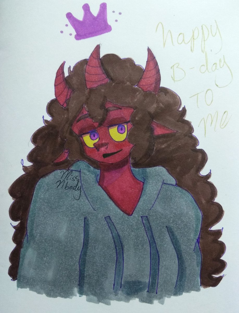 MissNbody's tweet photo. I say hello to adulthood before a day in bed, I feel like a queen ✨✨✨ 
#myart #marker #demon #queen #oc https://t.co/P6J9ySadN3