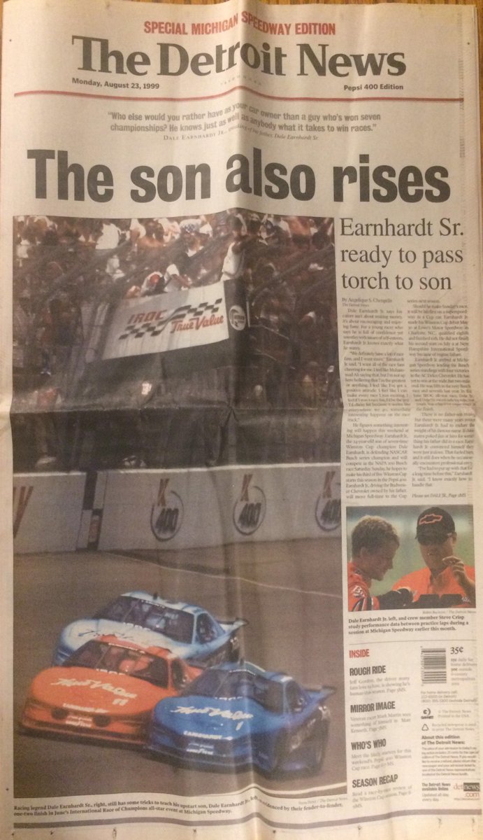 ArchivesDe's tweet photo. On This Date: June 11 in 1999 #DaleEarnhardt won Race #3 of the #IROC Series at @MISpeedway. Dale started dead last and lead 24 of the 50 laps for the win by out-dueling @DaleJr to the finish line in what is arguably one of the best IROC races ever - for an Earnhardt fan anyway! https://t.co/yiI2W3PoUi