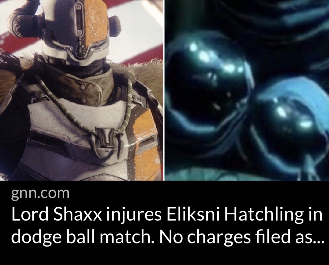 GuardianNewsNe's tweet photo. BREAKING: Lord Shaxx “injures” Eliksni Hatchling in Dodgeball match. No charges have been filed as of now sources say. Developing story. #Destiny https://t.co/32AYiSryR9