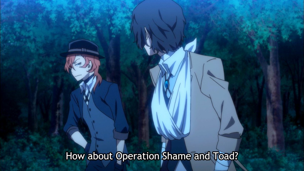 TatasenkoMana's tweet photo. If you are interested here is the english translation (in the thread) of the three poems from the poet Nakahara Chuuya that Asagiri sensei used as references to name Dazai and Chuuya's strategies,we only saw "Operation Shame and Toad",i wonder the purpose of the others➡️
#soukoku https://t.co/hCFMgFaTHJ