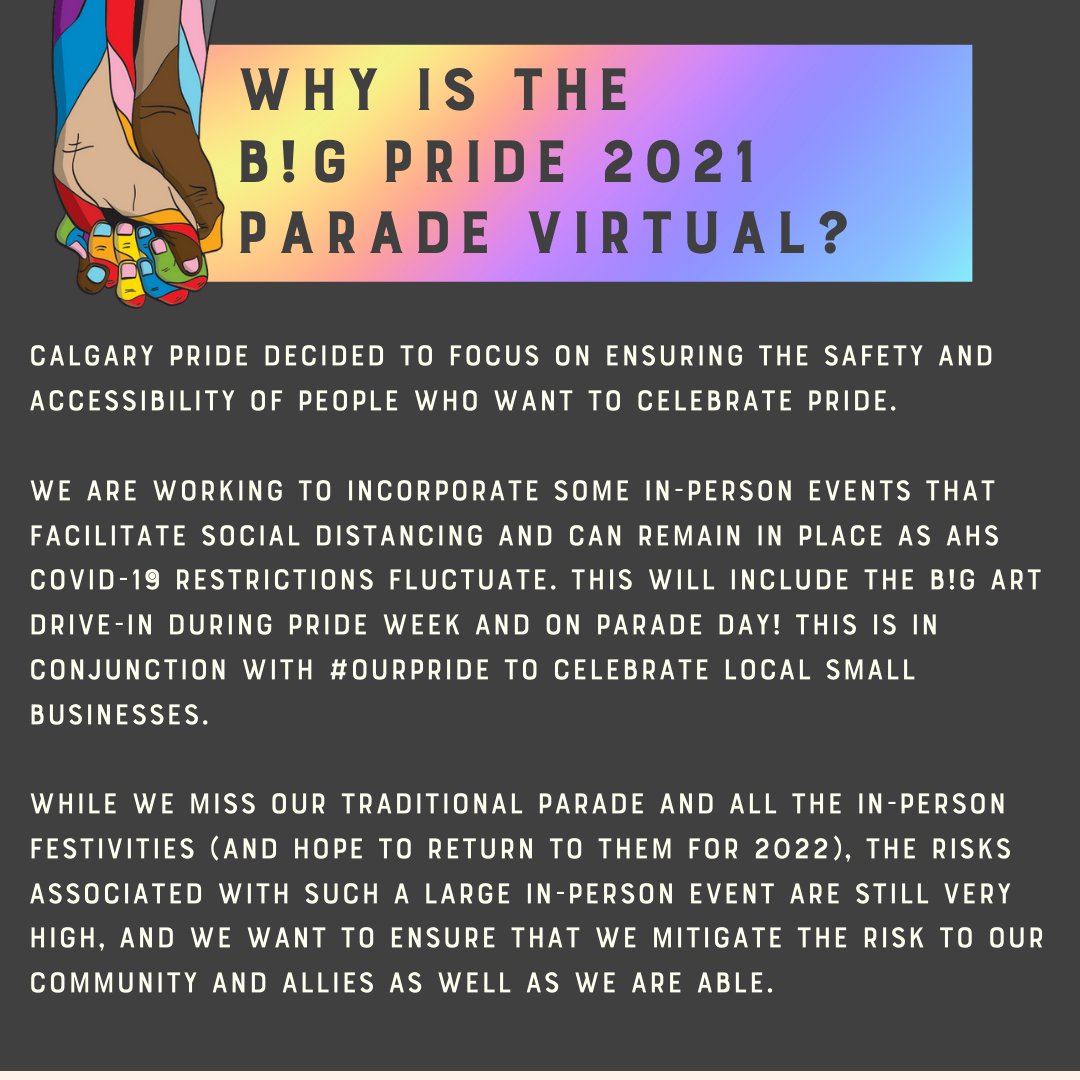 CalgaryPride's tweet photo. We have been getting some questions about why the Pride Parade will not be back in the Calgary streets this year, and wanted to share the answer!
Questions about the B!G Pride? Keep an π on Insta stories next week!
#calgarypride #calgaryprideparade #bigpride #ourpride https://t.co/77hxx35qCz