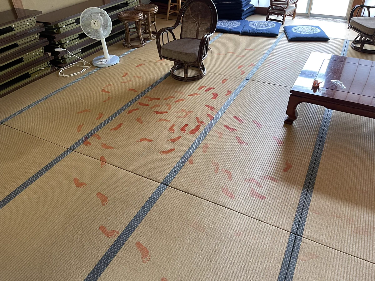 3歳児の犯行現場！和室に金魚？！朱肉によるアート作品か？！