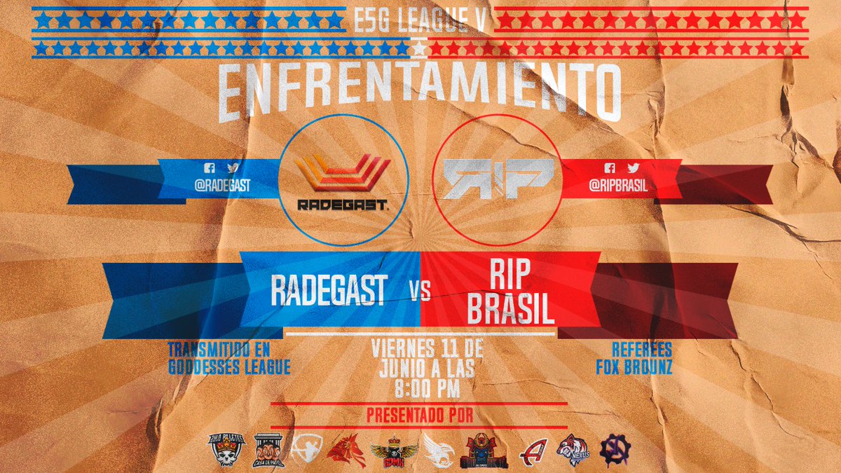 💀 JORNADA 💀

Venga que nos enfrentamos a <a href="/RadegastEsports/">Radegast Esports</a>
En la gran 🏆 @Eco5Gaming_

☠️ <a href="/lSpxrtan/">lSpxrtan</a>
☠️<a href="/petxrz/">𝓹𝓮𝓭𝓻𝓸 🇧🇷</a>
☠️<a href="/IMxgiic/">Mxgiic</a>
☠️@ReaLii7z6od
☠️ #Tor7ury

#GoRipers ☠️ pic.x.com/Y0nbGX7u66