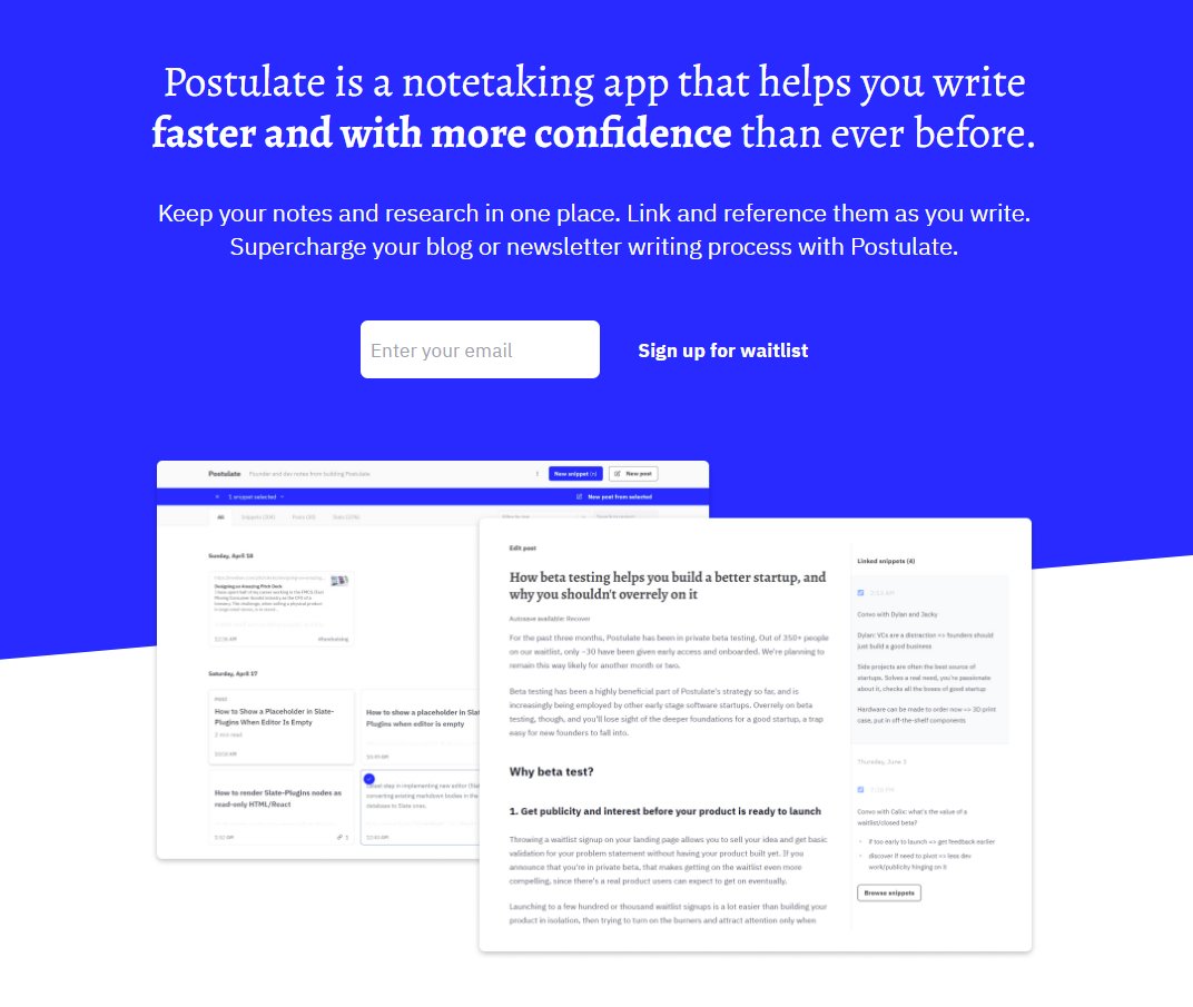 wwsalmon's tweet photo. Back to @postulateapp outreach after setting up 
@JoinEdyfi Agora

pitch: notetaking for writers sucks, links/ideas get scattered. Postulate puts them in one place and makes it easy to reference them while writing.

Tag your fav newsletters/writers for me to give early access to! https://t.co/JHMZJbsqGs