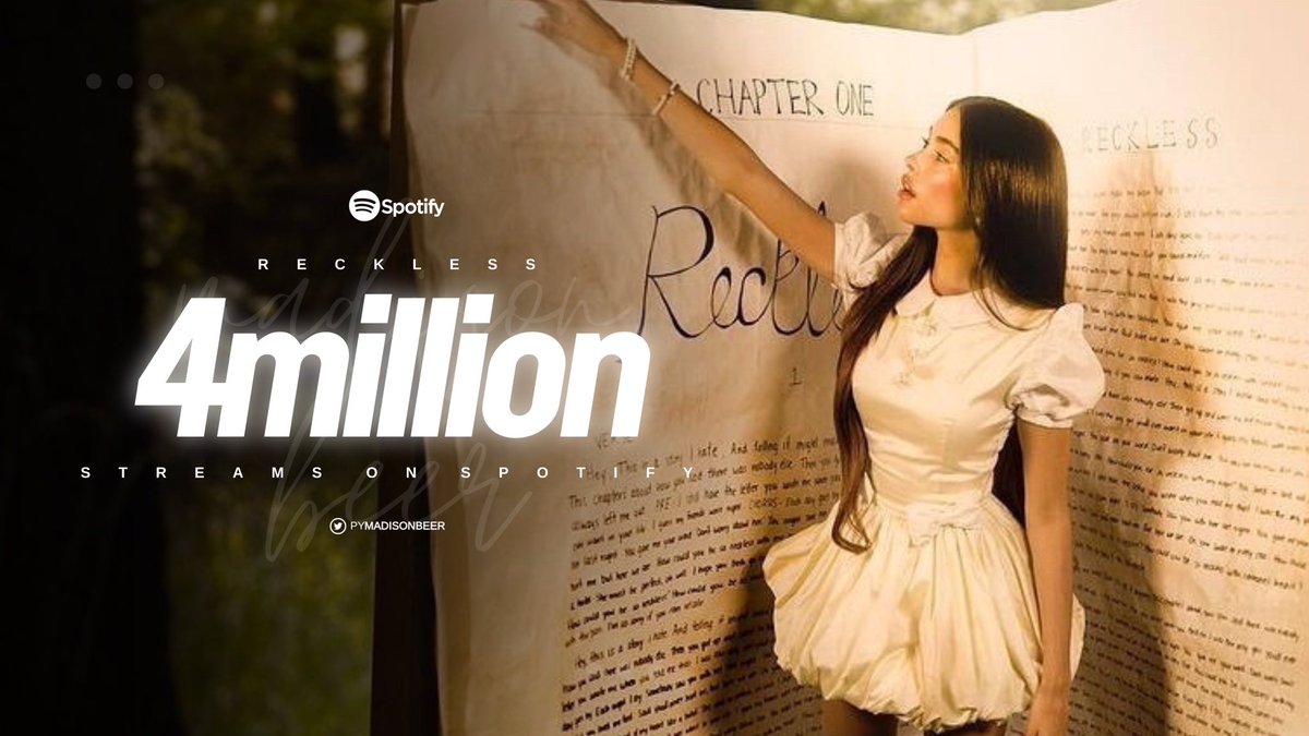 pymadisonbeer's tweet image. “Reckless” de @madisonbeer ha obtenido +4M de reproducciones en Spotify.

 – Ahora es su debut semanal más alto en Spotify.