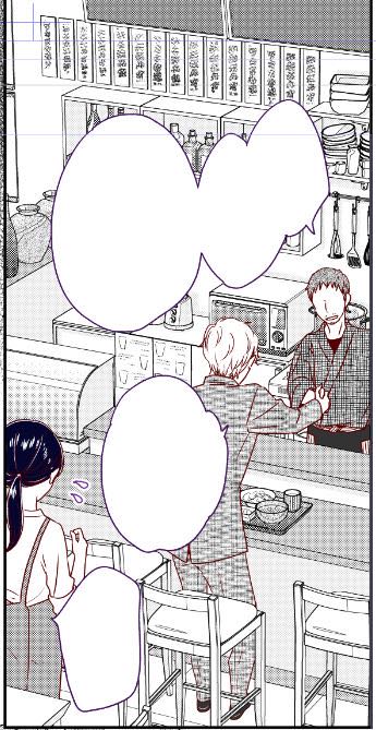 背景が小料理屋ということで、3D製作をお願いしました。吹き出しで見えにくいのですが、ごちゃごちゃした店内で素材も多いのにとても軽くて扱いやすく、線画化しても凄く綺麗に出てくれて、お陰で重厚な背景になっております。作成してくださった脇崎さん( @MANGA_3D_LABO )に感謝です。 