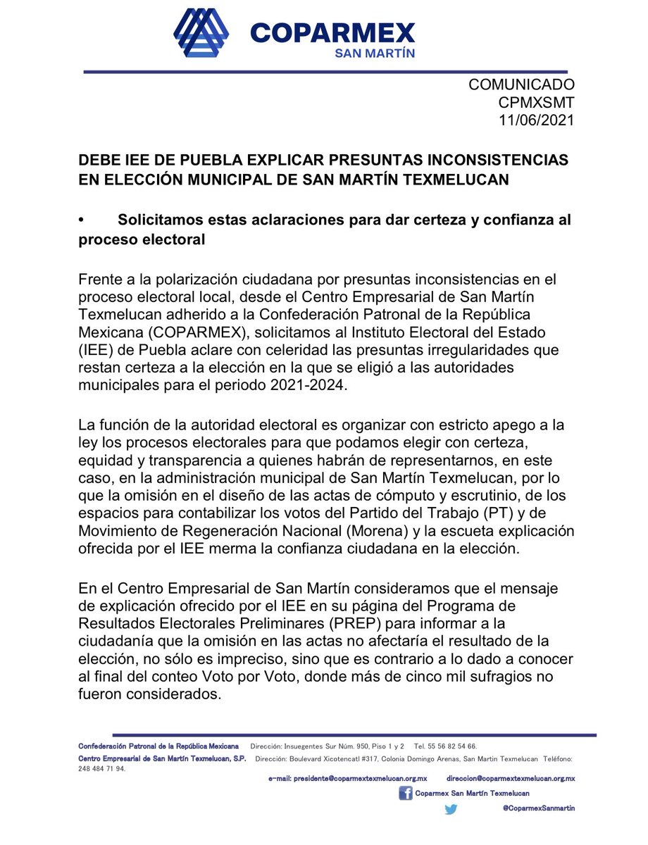 CoparmexTex's tweet photo. DEBE @Puebla_IEE DE PUEBLA EXPLICAR PRESUNTAS INCONSISTENCIAS EN ELECCIÓN MUNICIPAL DE SAN MARTÍN TEXMELUCAN https://t.co/FbAeYLoYTU