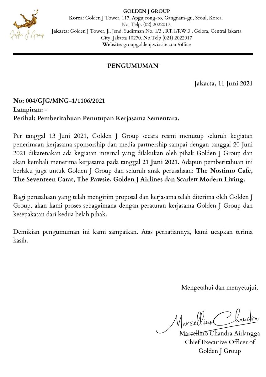 PENGUMUMAN

Berdasarkan surat terlampir, The Seventeen Carat akan menutup kerja sama hingga waktu yang telah ditentukan. Adapun proposal yang masuk per-tanggal 13 Juni tidak akan kami respon terlebih dahulu dan kembali diproses tanggal 21 Juni.

Terima kasih.