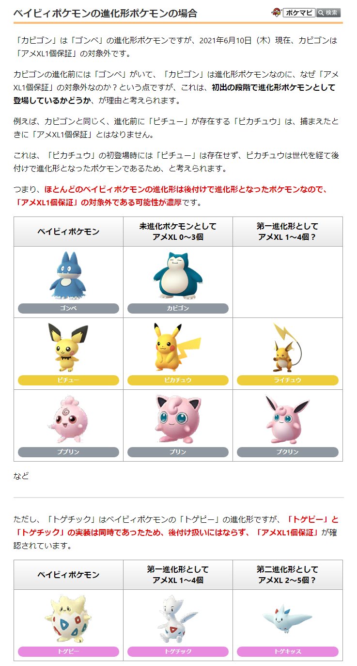 ポケモンgo攻略情報 ポケマピ カビゴンが アメxl1個保証 対象外の理由として 世代を経て後付けで進化系になったポケモンはアメxlを確定で落とすわけではない という仕様が濃厚と思われます 詳細は記事 動画をご確認ください 動画 T Co