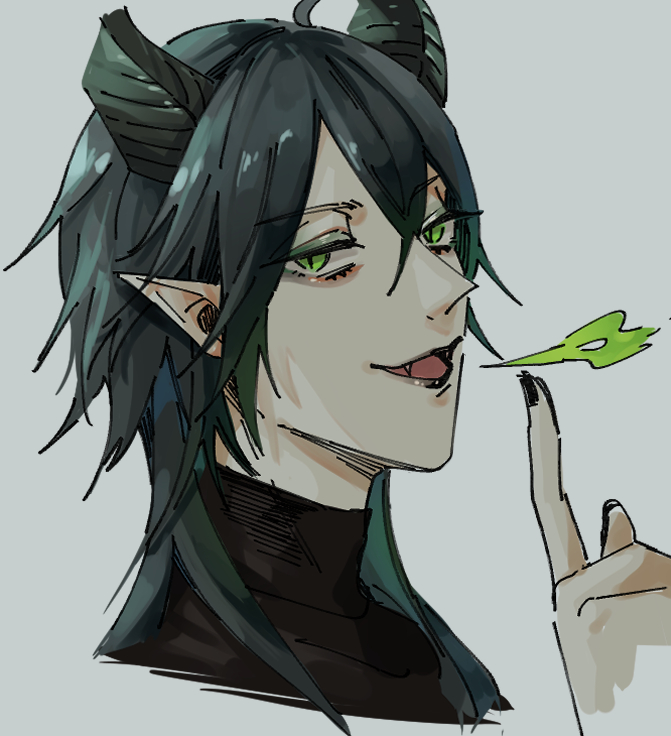 1boy horns solo male focus green eyes pointy ears black nails  illustration images