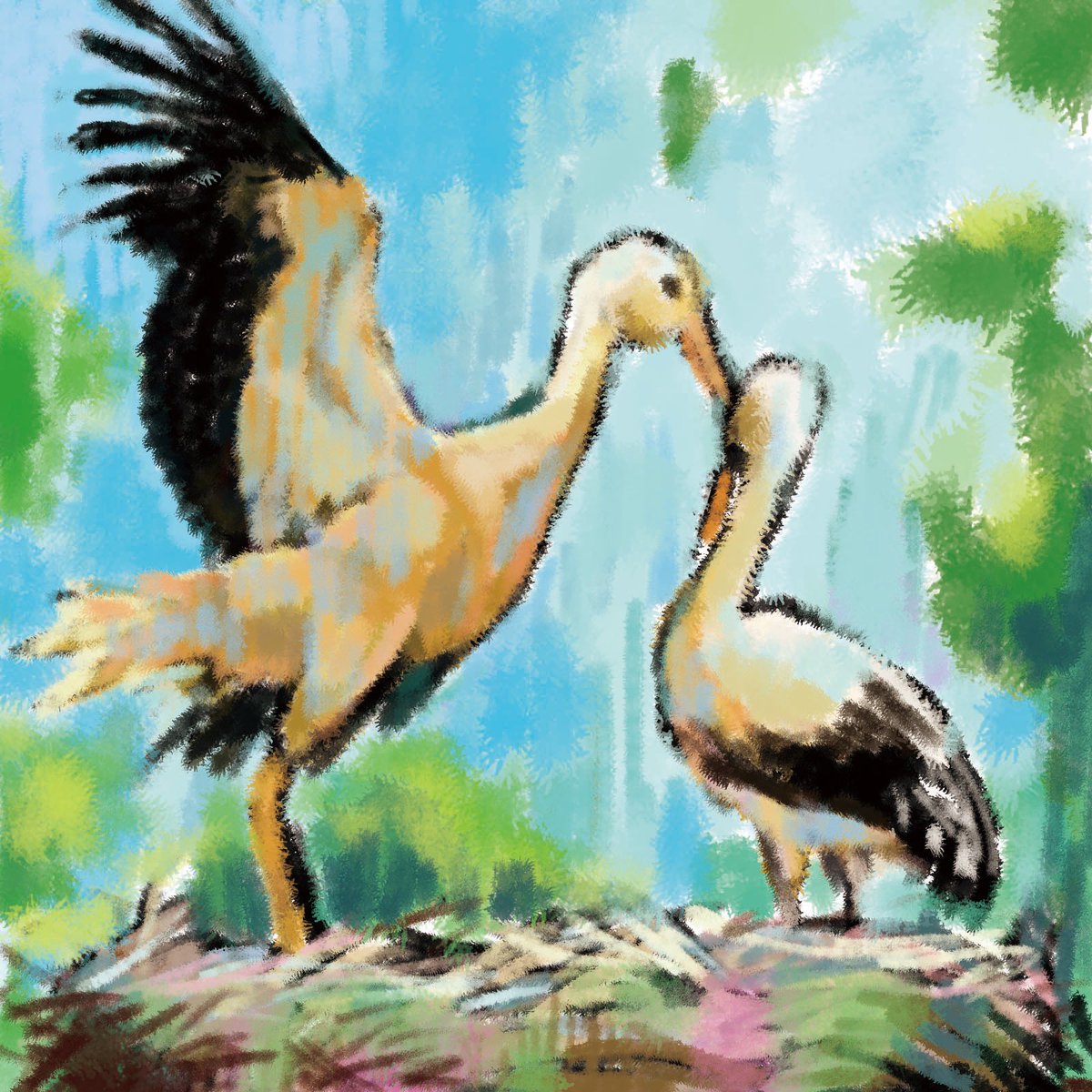 ちーぼこ コウノトリ イラスト 絵 コウノトリ 鳥 親子 はばたき 蛇を食べる ルノルマンカード あと8枚 ちーぼこ コウノトリ イラスト 絵 コウノトリ 鳥 親子 はばたき 蛇を食べる ルノルマンカード あと8枚