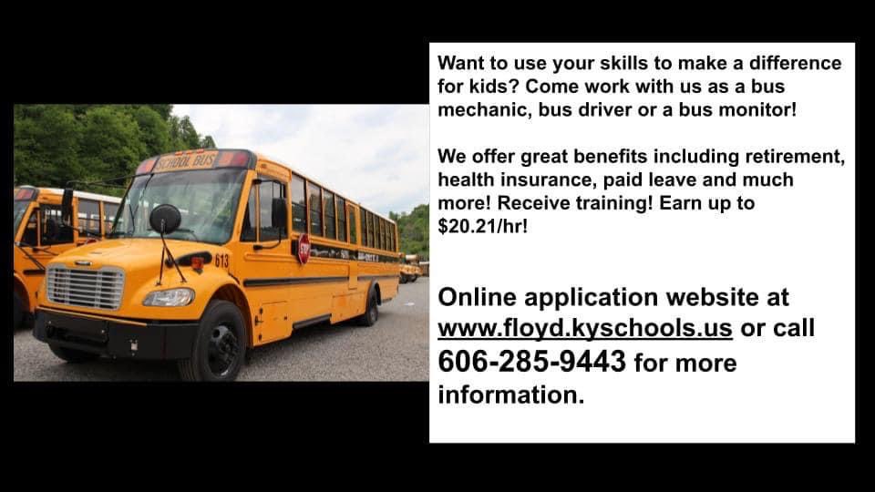 AnnaWShepherd's tweet photo. ⚠️Teachers, administrators, retirees we need YOU. Please consider driving a bus for ⁦@SchoolsFloyd⁩! #TeamFloyd #TogetherWeCan https://t.co/LCGypQGfZL