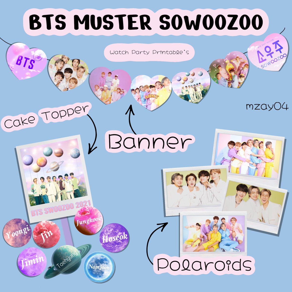 Mzay04's tweet photo. ARMY 💜
I created some free printables for #BTS8thAnniversary Watch Party.  I hope you guys like it and feel free to tag and Retweet! Borahae 💜

P.S. in the photo the cake topper is spelled incorrectly but the pdf has the correct spelling. 
 
#BTS  #MUSTERSOWOOZOO #Btsprintables https://t.co/d5FLrcd9n4