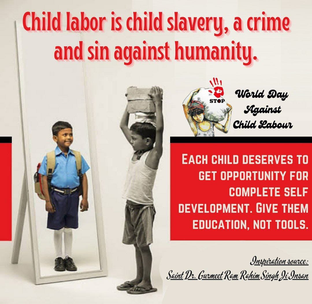 Sportsperson5's tweet photo. One of the 134 humanitarian initiatives🙌 started by dera sacha sauda with the pious inspiration of Saint Dr. @Gurmeetramrahim ji insan is to Save the Tiny Hardship. The initiative to #EndChildLabou from the society & to provide them education.🙃 #WorldDayAgainstChildLabour https://t.co/iOJ34VPEsz
