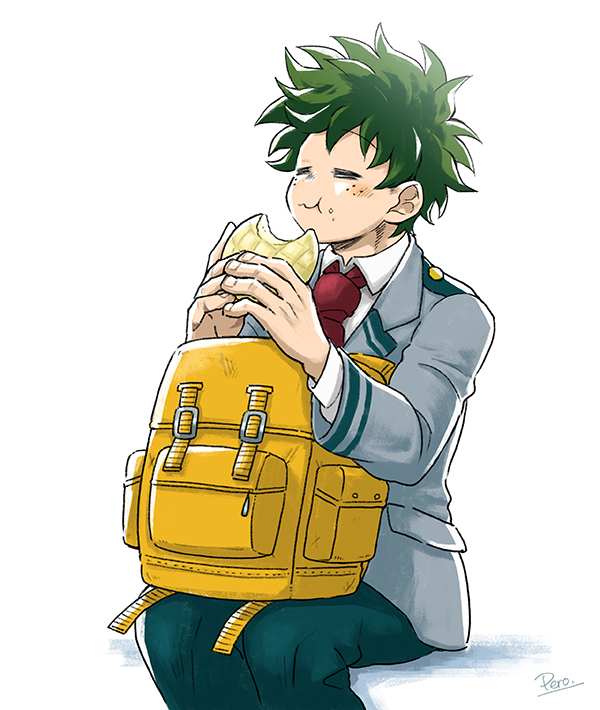 midoriya izuku 1boy male focus bag food school uniform eating freckles  illustration images