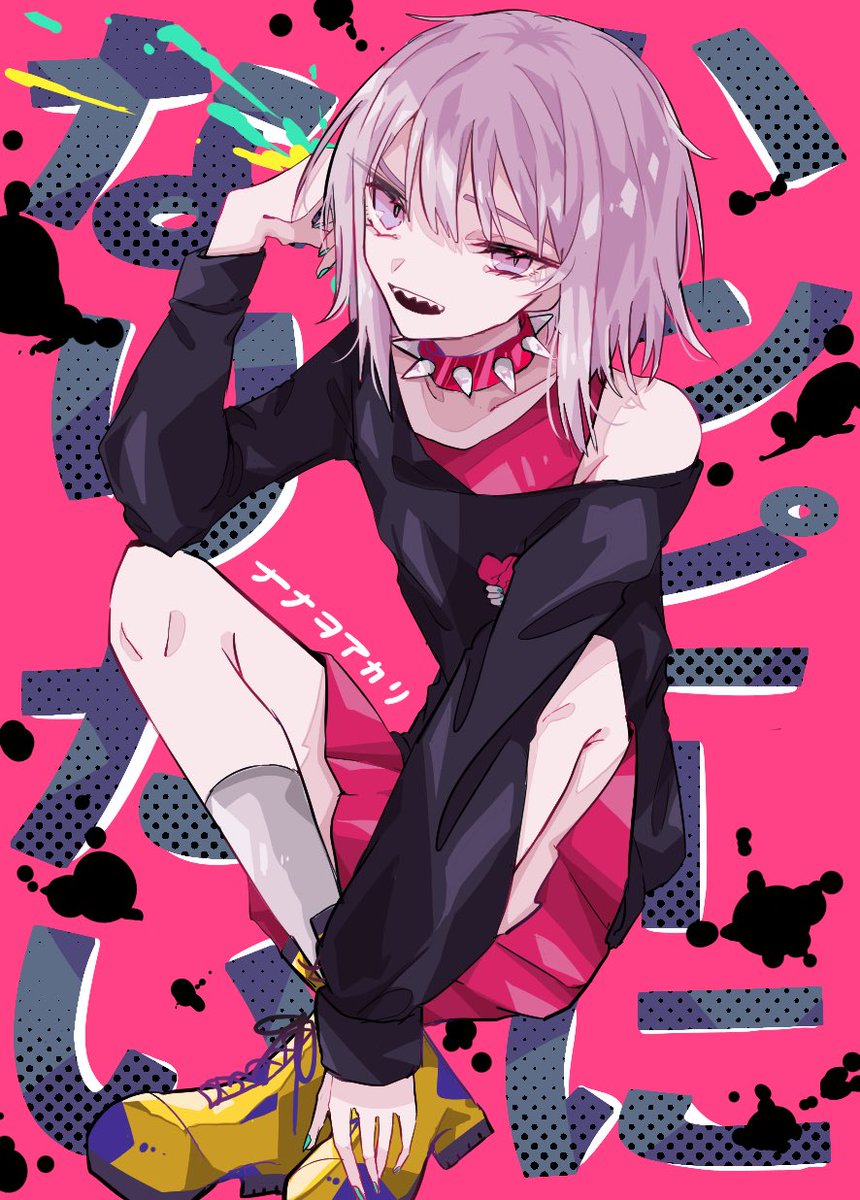 solo 1girl spiked collar collar pink eyes spikes shirt  illustration images