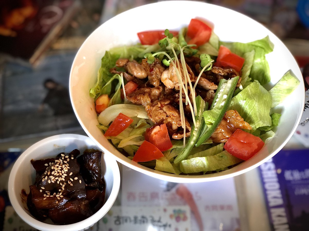 あ ずまだ改め あづまだ 今日のお昼ご飯には Musicbarcorda なっちゃん手作りの 焼肉サラダうどん しっかりした味付けの焼肉とたっぷりの野菜の組み合わせが美味しくて さっぱりと食べちゃいました º º 付け合わせの八丁味噌のナスはノン