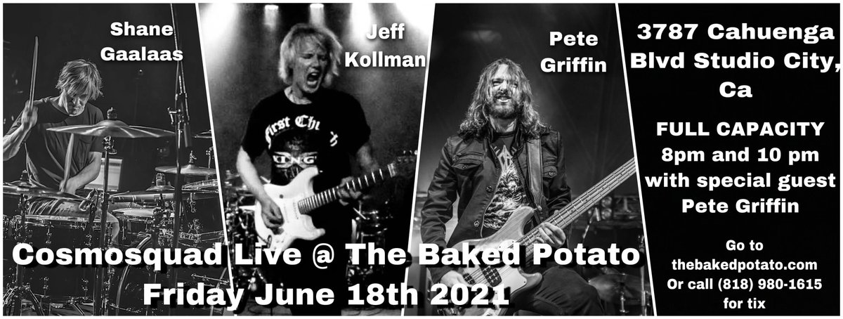 Cosmosquad (@cosmosquadus) on Twitter photo One week from tonight, June 18! #COSMOSQUAD back #TheBakedPotato for a double header! Pete Griffin (Zappa Plays Zappa, Giraffe Tongue Orchestra sitting in for Kevin Chown)! Get yer tix here: thebakedpotato.com/events/cosmosq… <a href="/jeffkollman/">Jeff Kollman</a> <a href="/Gaalbladderass/">Shane Gaalaas</a> <a href="/petegriffinbass/">Pete Griffin</a> <a href="/BakedPotatoJazz/">thebakedpotato</a> One week from tonight, June 18! #COSMOSQUAD back #TheBakedPotato for a double header! Pete Griffin (Zappa Plays Zappa, Giraffe Tongue Orchestra sitting in for Kevin Chown)! Get yer tix here: thebakedpotato.com/events/cosmosq… <a href="/jeffkollman/">Jeff Kollman</a> <a href="/Gaalbladderass/">Shane Gaalaas</a> <a href="/petegriffinbass/">Pete Griffin</a> <a href="/BakedPotatoJazz/">thebakedpotato</a>