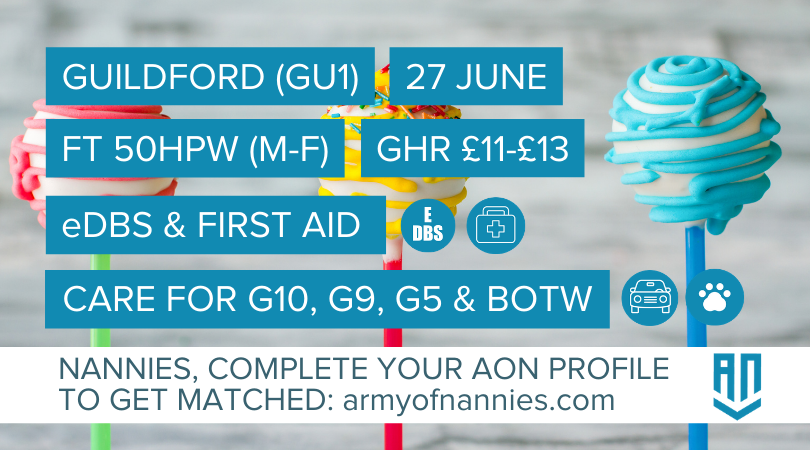 ArmyofNannies's tweet photo. We have a lovely part-time role in Guildford starting 27 June.
If this role is for you, create your https://t.co/oGtHrOGZeT profile and look to shortlist Family James.
Good luck!

#Nanny #NannyLife #NannyJob #NannyPosition #NannyRole #Childcare #Guildford https://t.co/qYwvnDVmA1