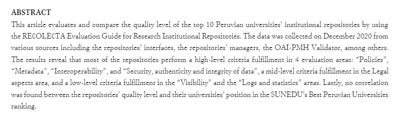 Comparative Quality Evaluation of Universities’ Institutional Repositories of Peru https://t.co/bFjem9C3jQ https://t.co/Ocdyl5nqUD