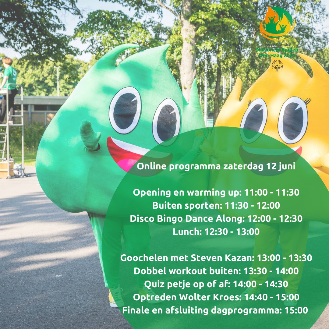 Het programma van vandaag op de Special Olympics Nationale Spelen! Live meekijken kan ook vanaf 11 uur via deze link: bit.ly/3pLjsSE

#SONS2021 #meedoen #natuurlijk #specialolympics2021 <a href="/SO_NL/">Special Olympics NL</a> <a href="/Sportcampus070/">Sportcampus Zuiderpark</a>