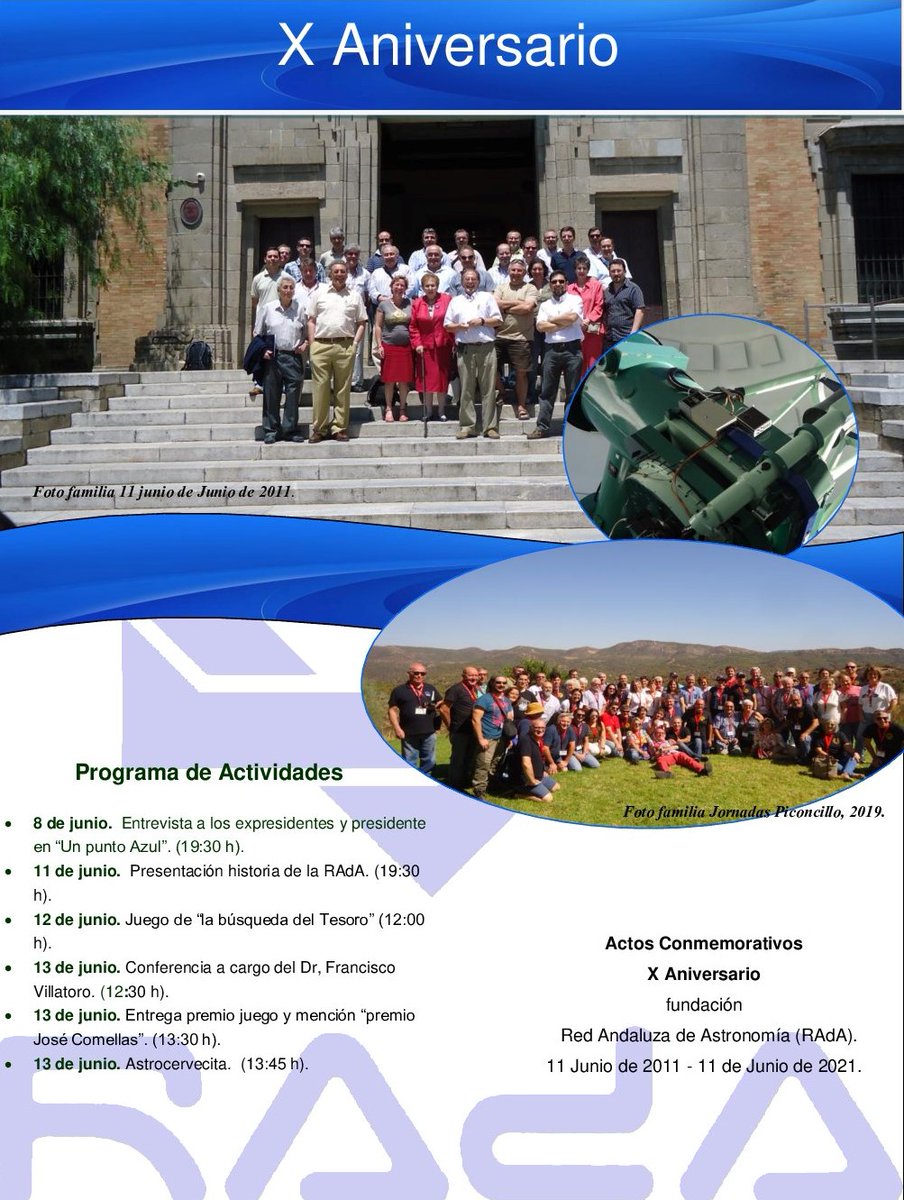 ¿Sabías que ayer la Red Andaluza de Astronomía cumplió 10 añitos? ¡Seguimos con las celebraciones! Hoy haremos el juego de la búsqueda del tesoro, ¡y mañana a las 12:30 tendremos una conferencia de <a href="/emulenews/">Francis Villatoro</a>!