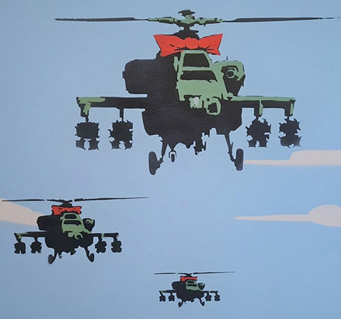 #MrsBanksy
#Happy #Chopper was #Pink now #Red #Bowed 2019
#Spraypainted #Winsor Cotton #Canvas #Streetart #Urbanart #Banksy #stencil #helicopter 
available <a href="/34FineArt/">34FineArt</a>