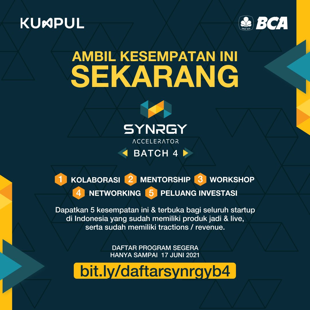 𝗗𝗔𝗣𝗔𝗧𝗞𝗔𝗡 𝗕𝗔𝗡𝗬𝗔𝗞 𝗞𝗘𝗦𝗘𝗠𝗣𝗔𝗧𝗔𝗡 &amp; 𝗣𝗘𝗟𝗨𝗔𝗡𝗚

Pendaftaran BCA SYNRGY Accelerator Batch 4 
bit.ly/daftarsynrgyb4 (hingga 17 Juni 2021)

Ratusan startup telah merasakan manfaat dari batch 1-3. Kini giliran startup-mu

#synrgy #synrgyid #kumpul #kumpulid