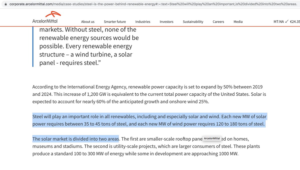 18/ You can google for quotes used. It's easy (thread):"Each new MW of solar power requires between 35 to 45 tons of steel" - they talk about solar farms.A short video to see why: 