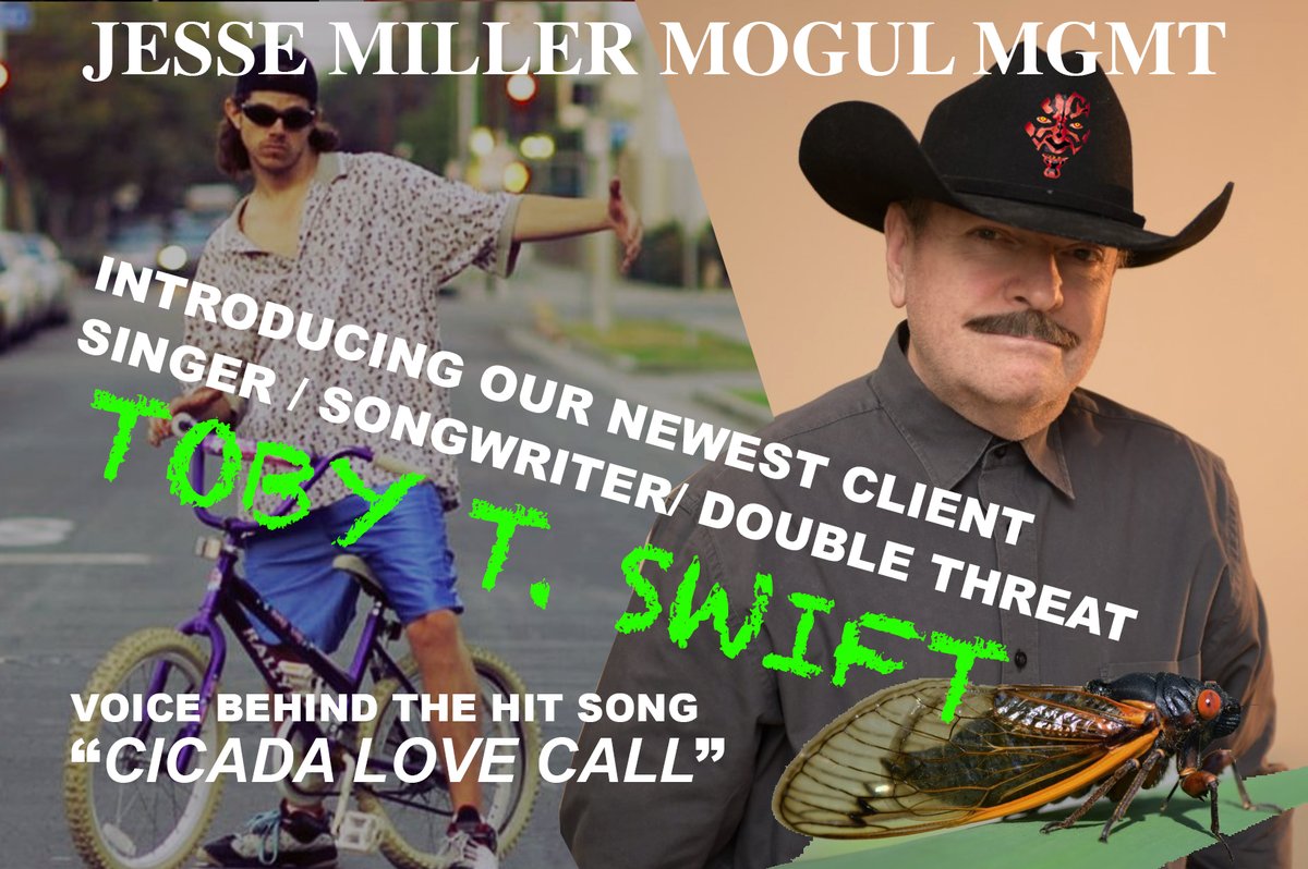 Big Baller news from JESSE MILLER MOGUL MGMT.
Gotta new client in da house, TOBY T. SWIFT !!!
met my dude at a <a href="/Walgreens/">Walgreens</a> in Norwood,  rest is history! 

Hear his baller song CICADA LOVE SONG
open.spotify.com/album/2xf5tqDu…
Follow my dude!
facebook.com/TobySwiftMusic 

#TobyTSwift  #cicadas